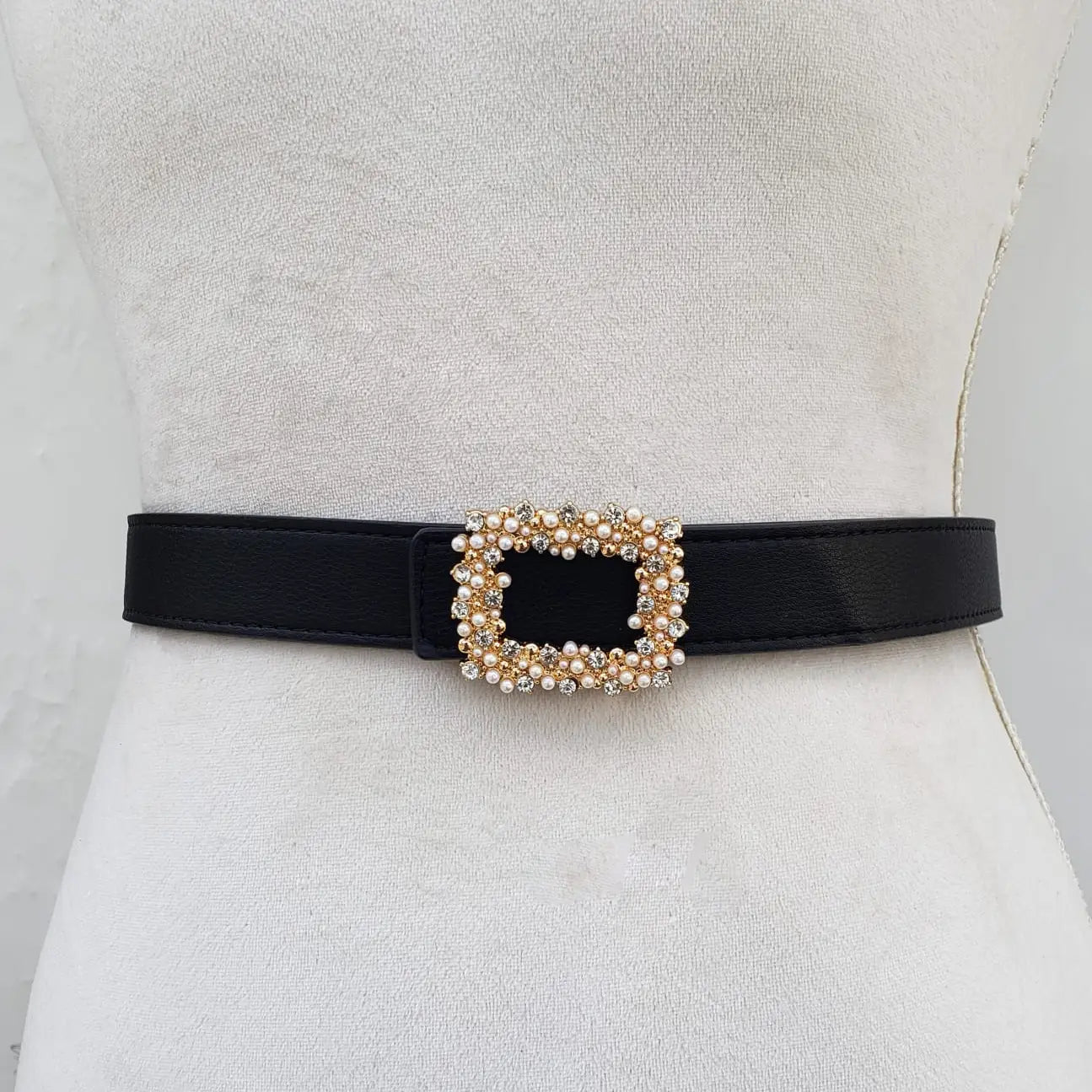 Diamond and Pearl black leather belt